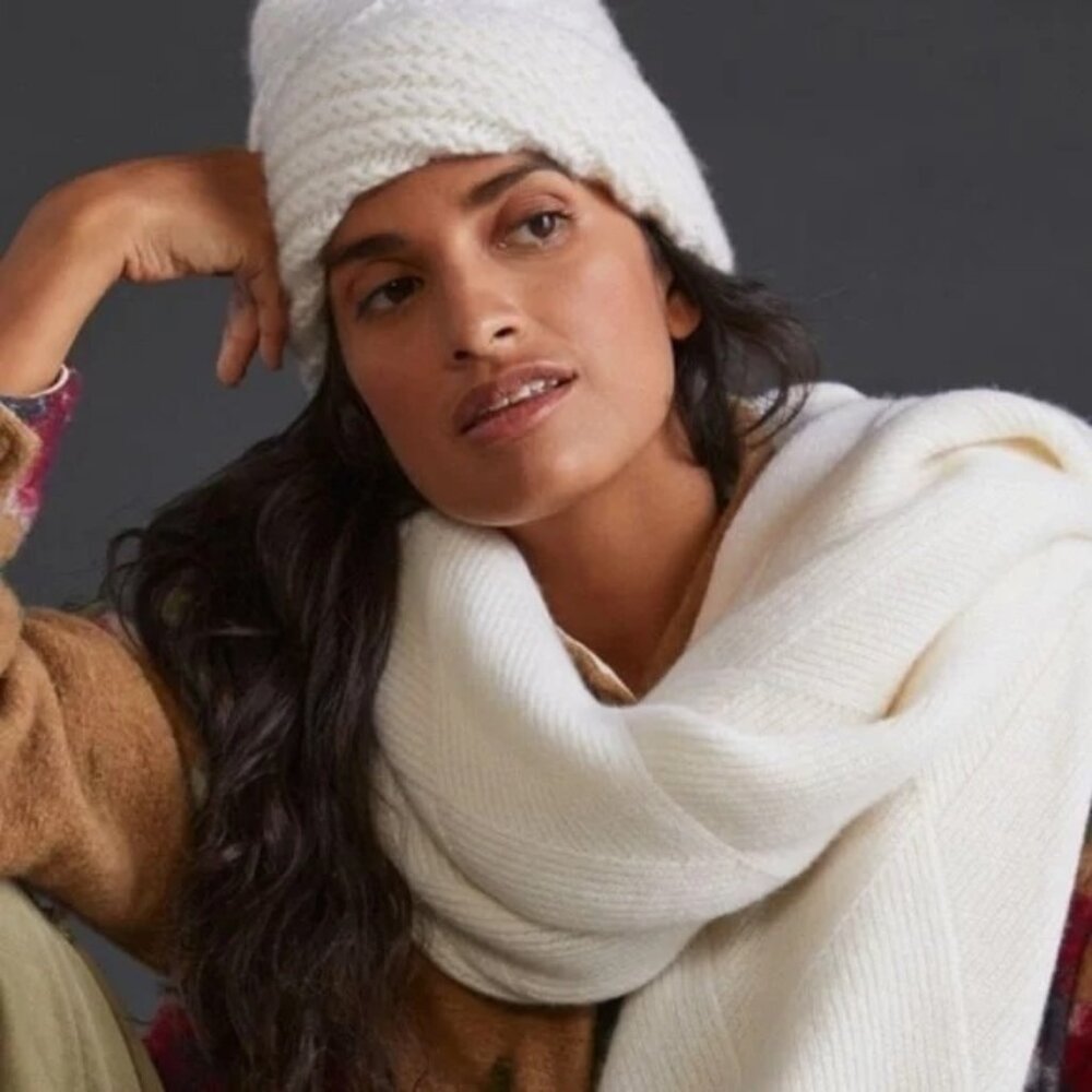 Anthropologie Cashmere Beanie Hat Cozy Knit Off White New Warm Winter One Size